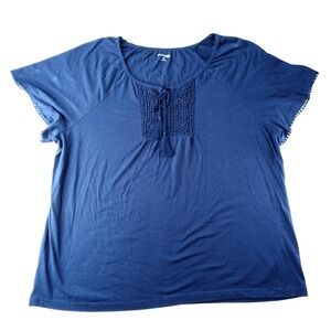 NWT Kim Rogers Woman Navy Blue SS Peasant Tassel Tie Neck Boho Top 3X